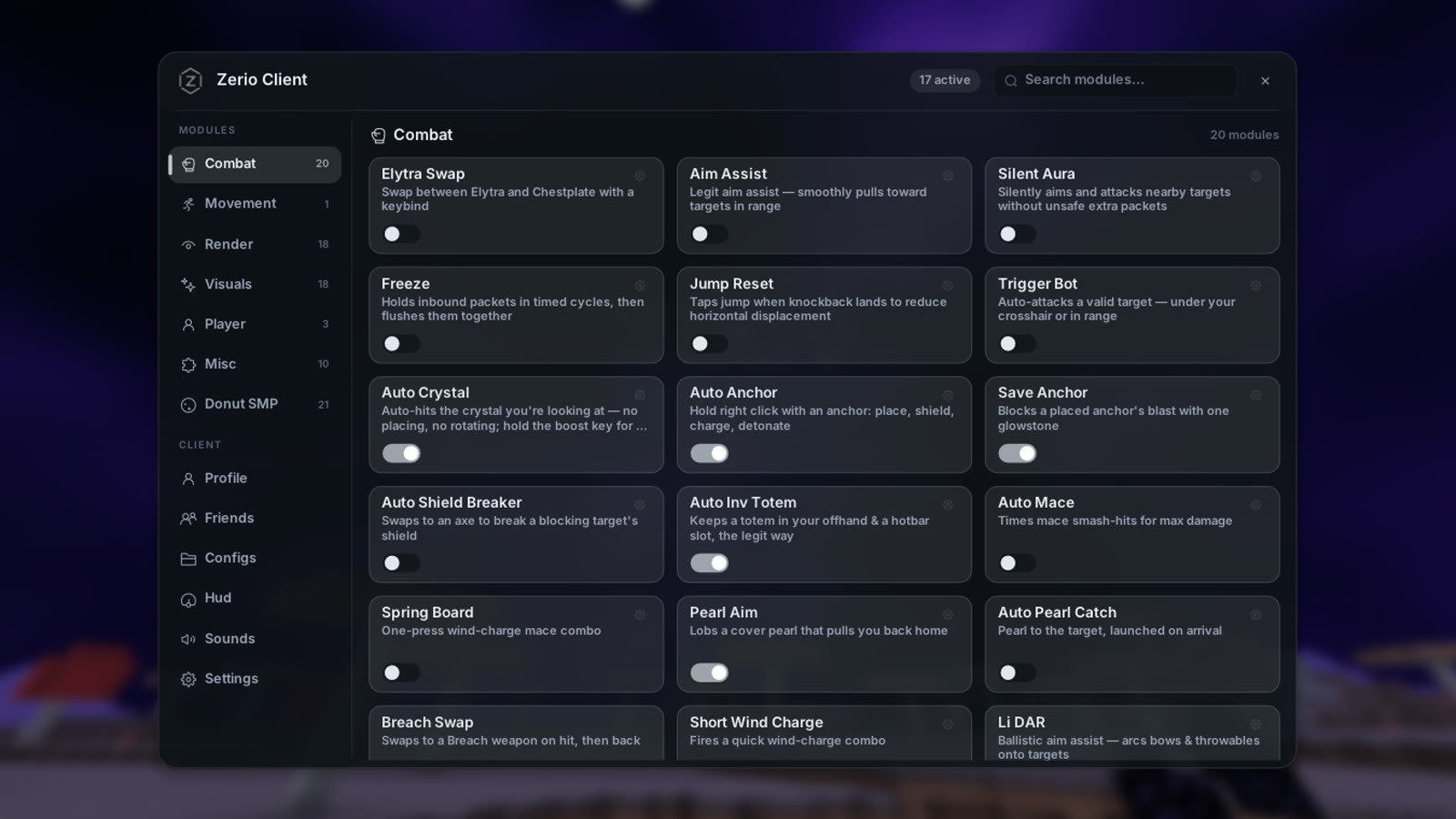 Zerio client module menu