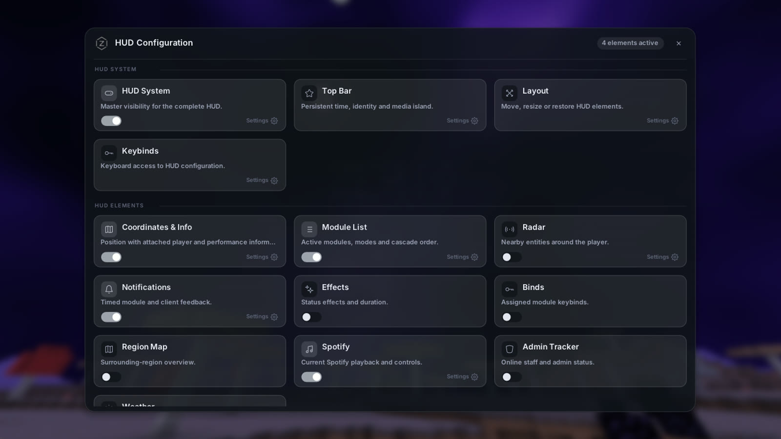 Zerio HUD configuration screen